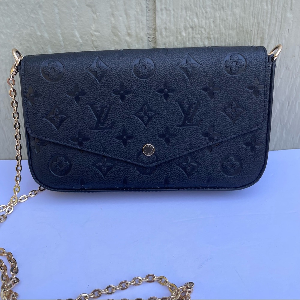 Womens handbag clutch black gold chain small Monogram  party casual vacation